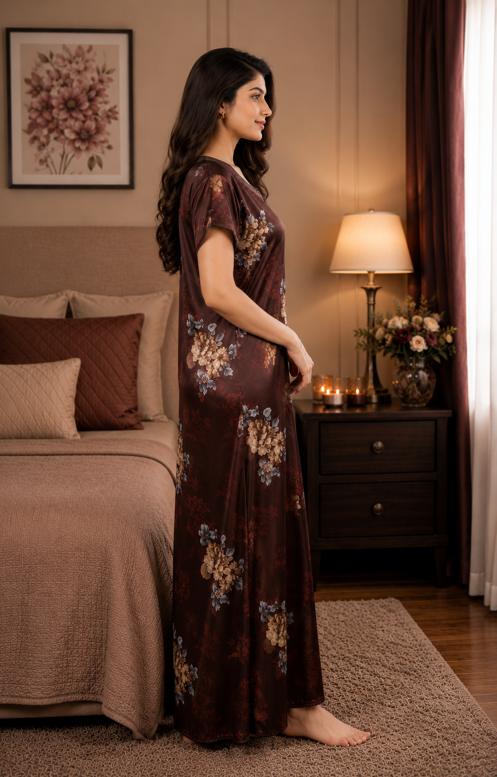 Brown Floral Satin Nightgown