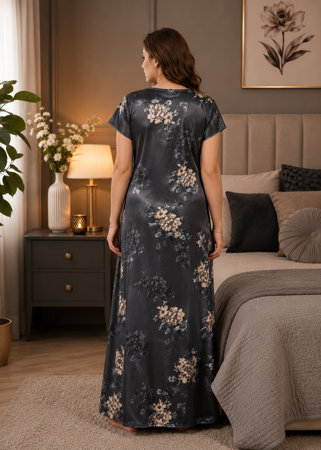 Charcoal Floral Satin Nightgown