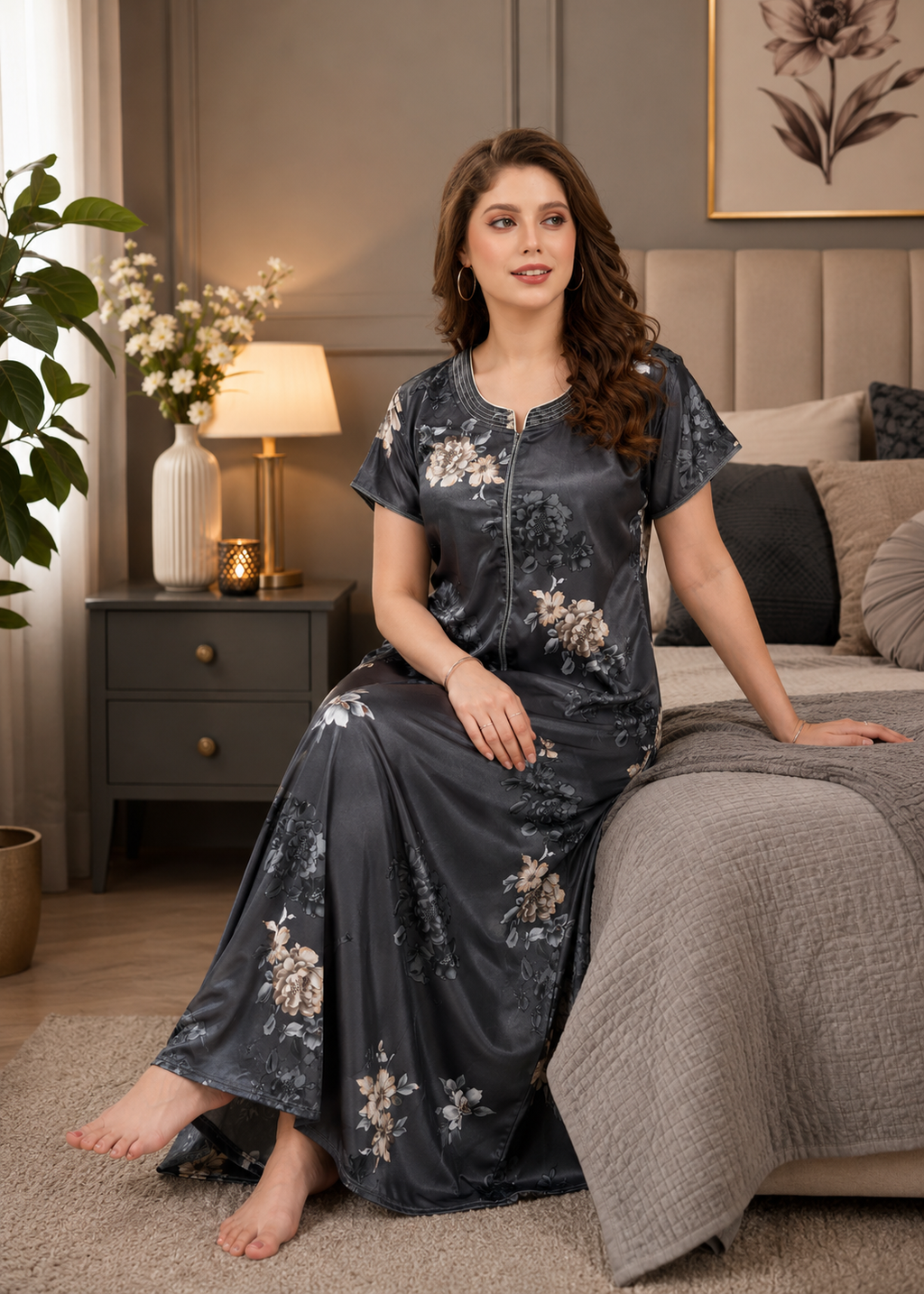 Charcoal Floral Satin Nightgown