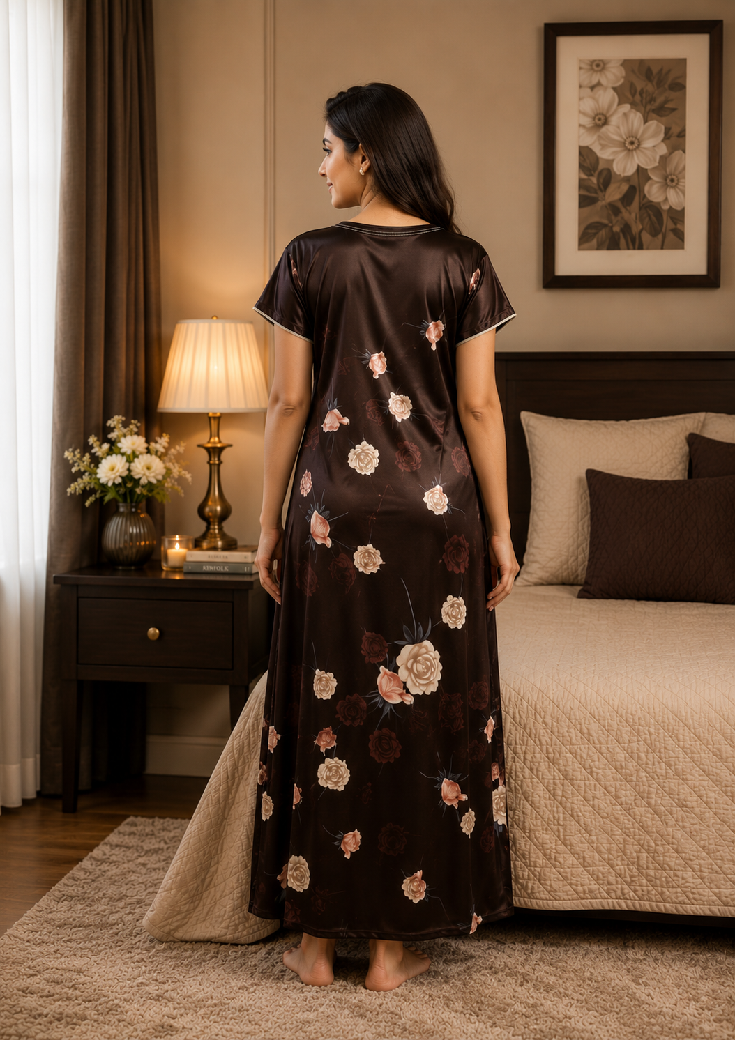 Dark Brown Floral Satin Nightgown