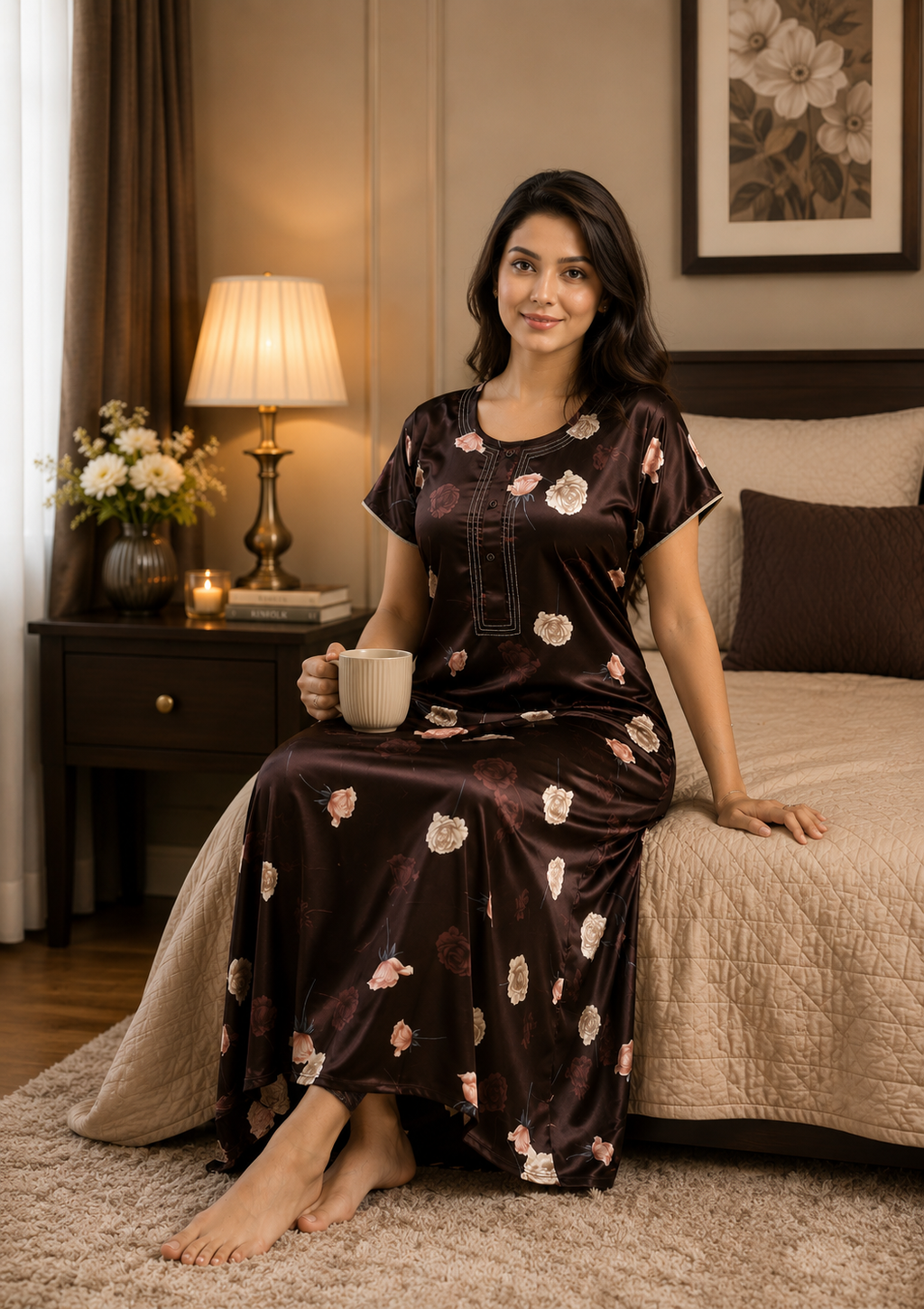Dark Brown Floral Satin Nightgown