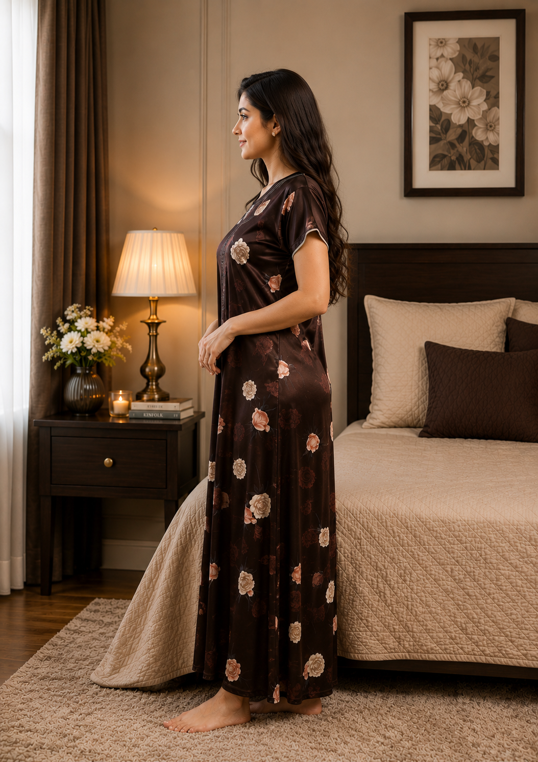 Dark Brown Floral Satin Nightgown