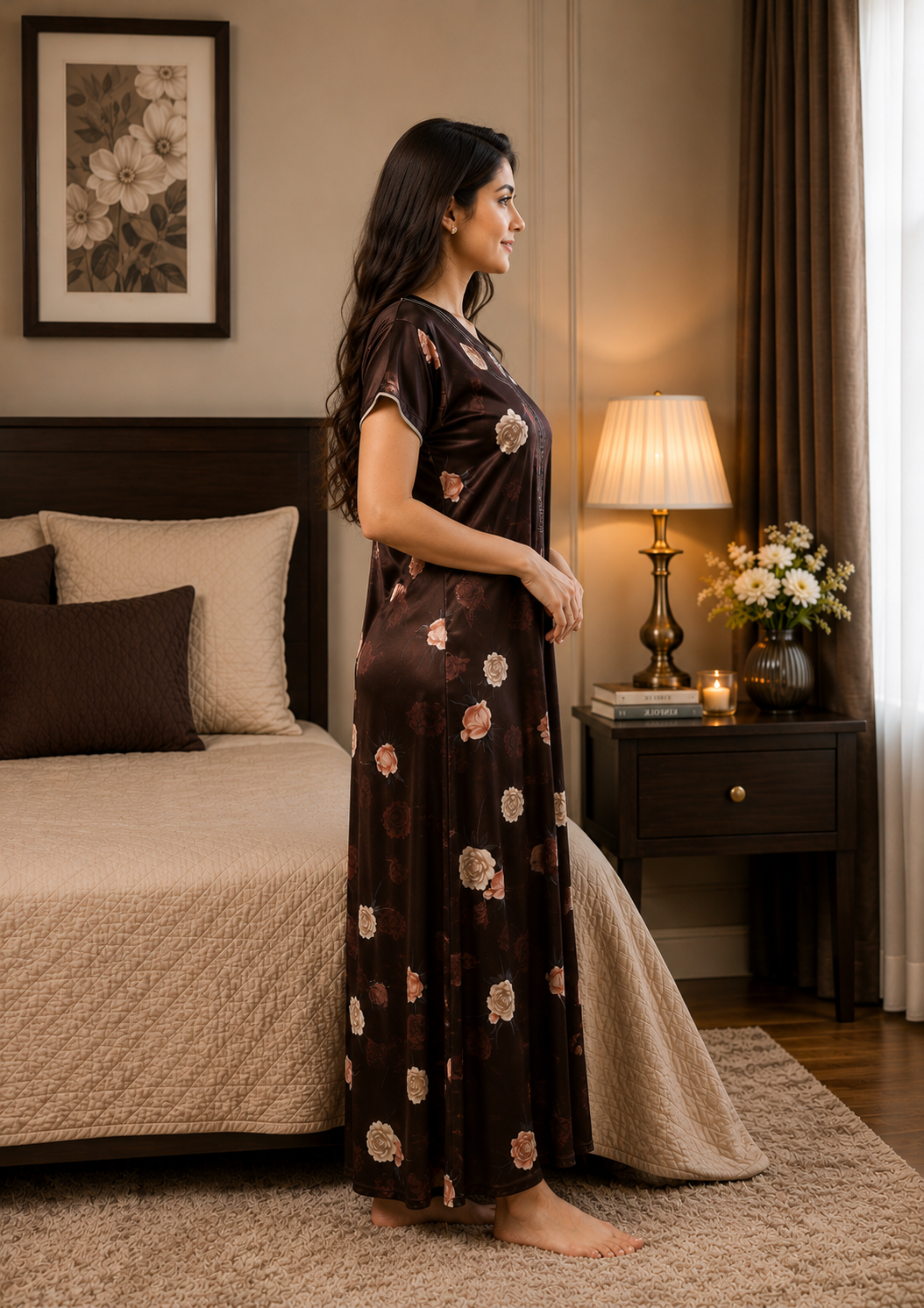 Dark Brown Floral Satin Nightgown
