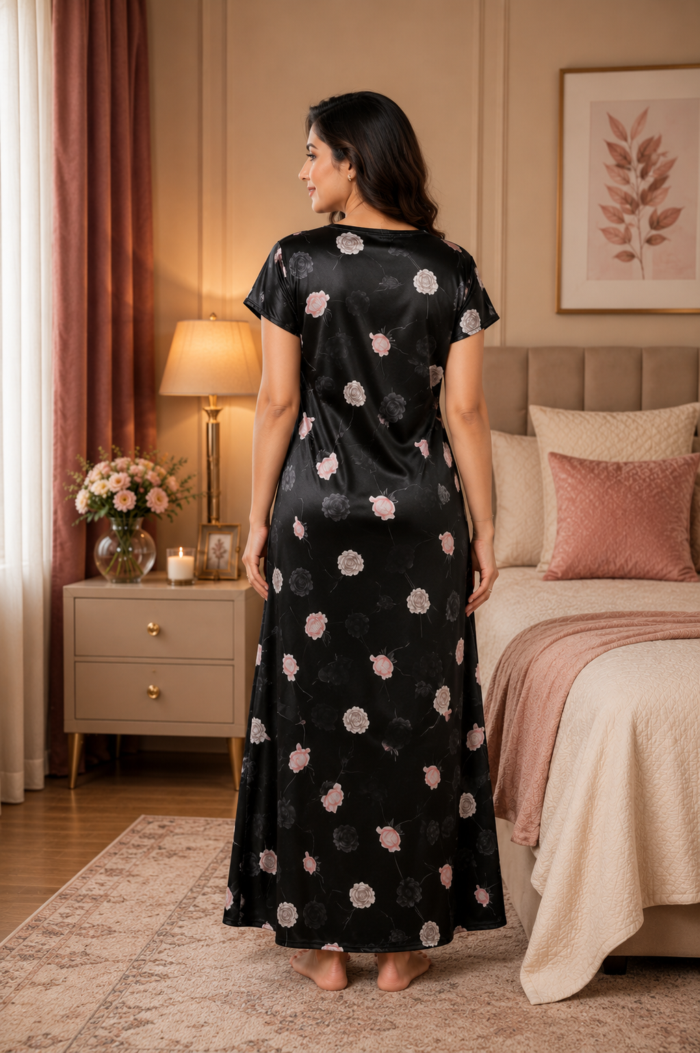 Black Floral Satin Nightgown