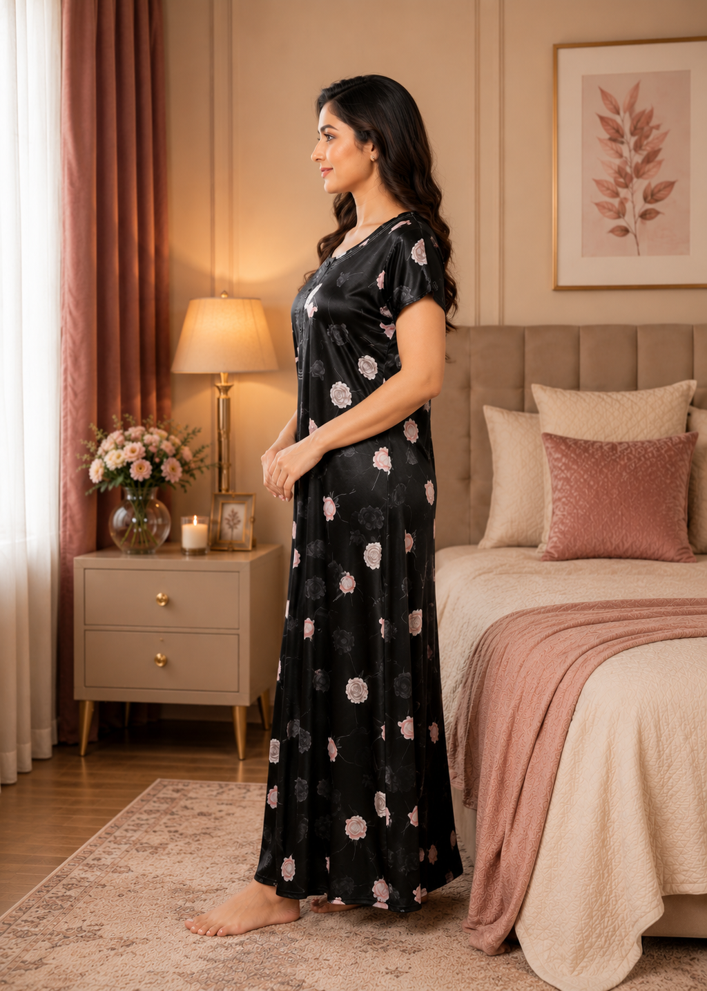 Black Floral Satin Nightgown