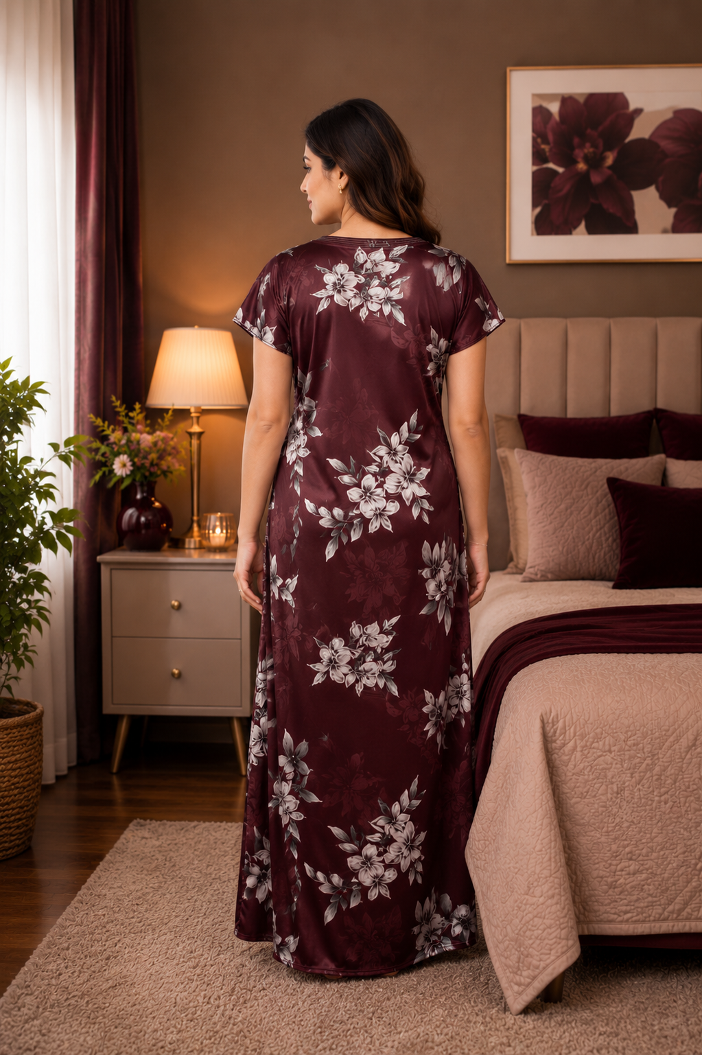 Wine Floral Satin Nightgown
