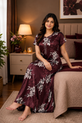 Wine Floral Satin Nightgown