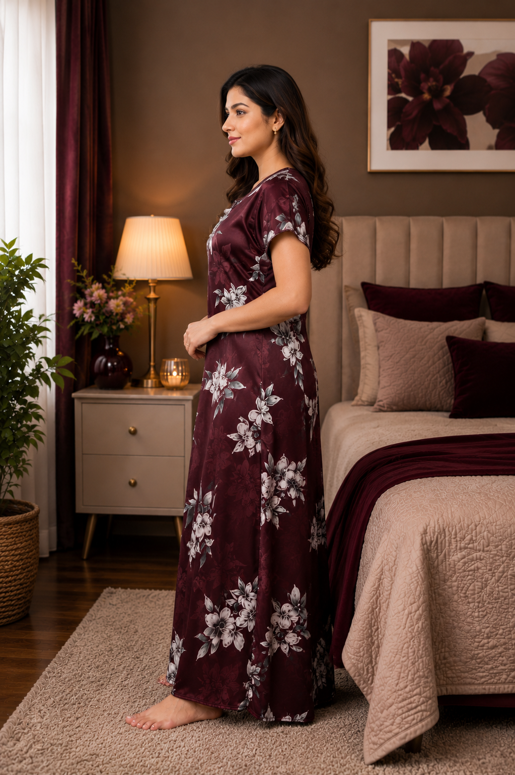 Wine Floral Satin Nightgown