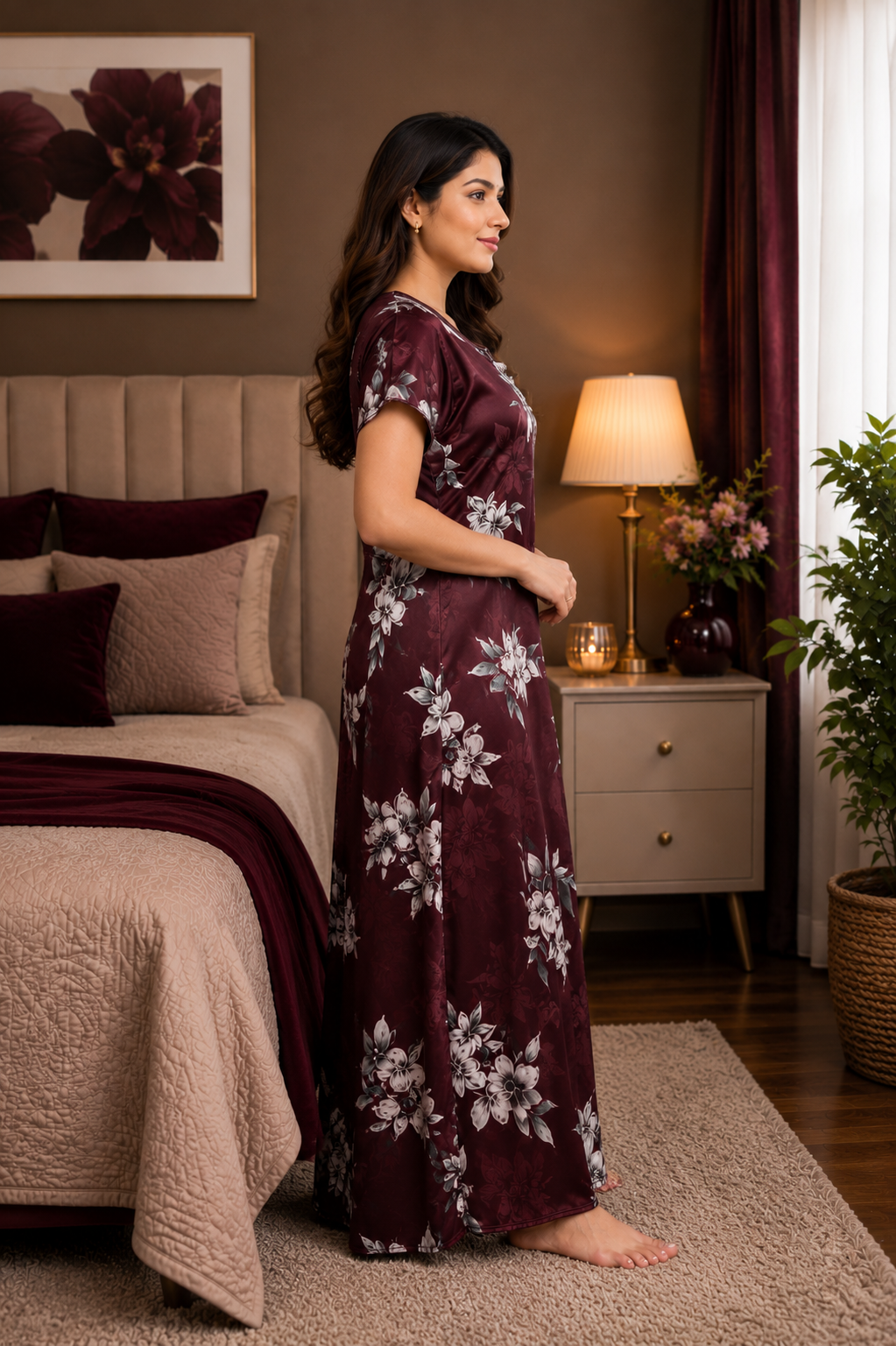 Wine Floral Satin Nightgown