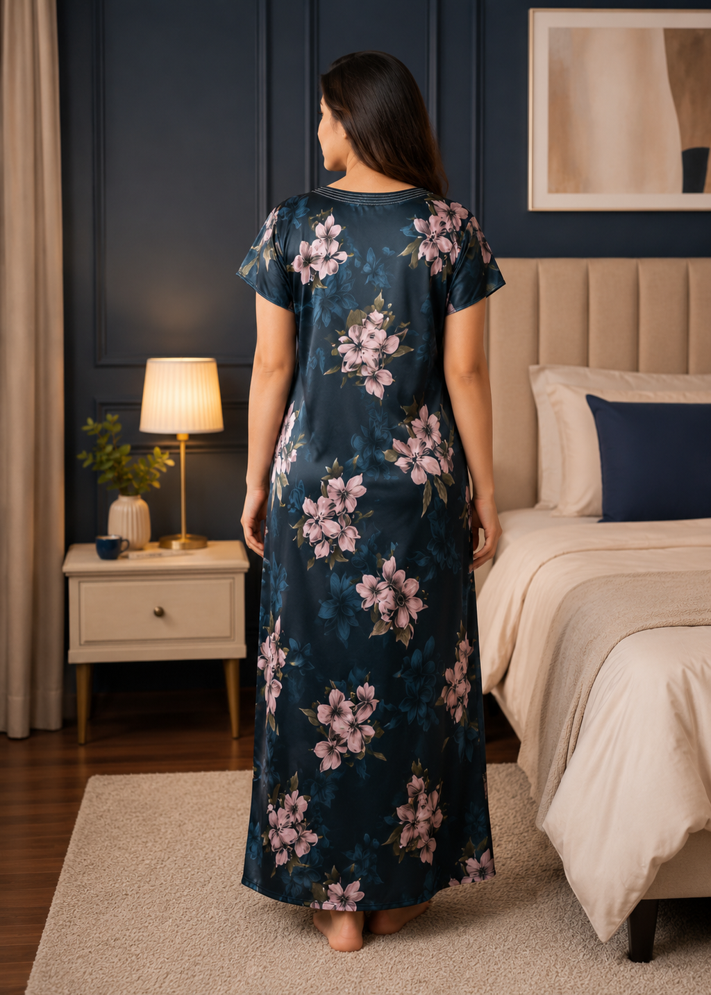 Navy Floral Satin Nightgown