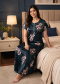 Navy Floral Satin Nightgown