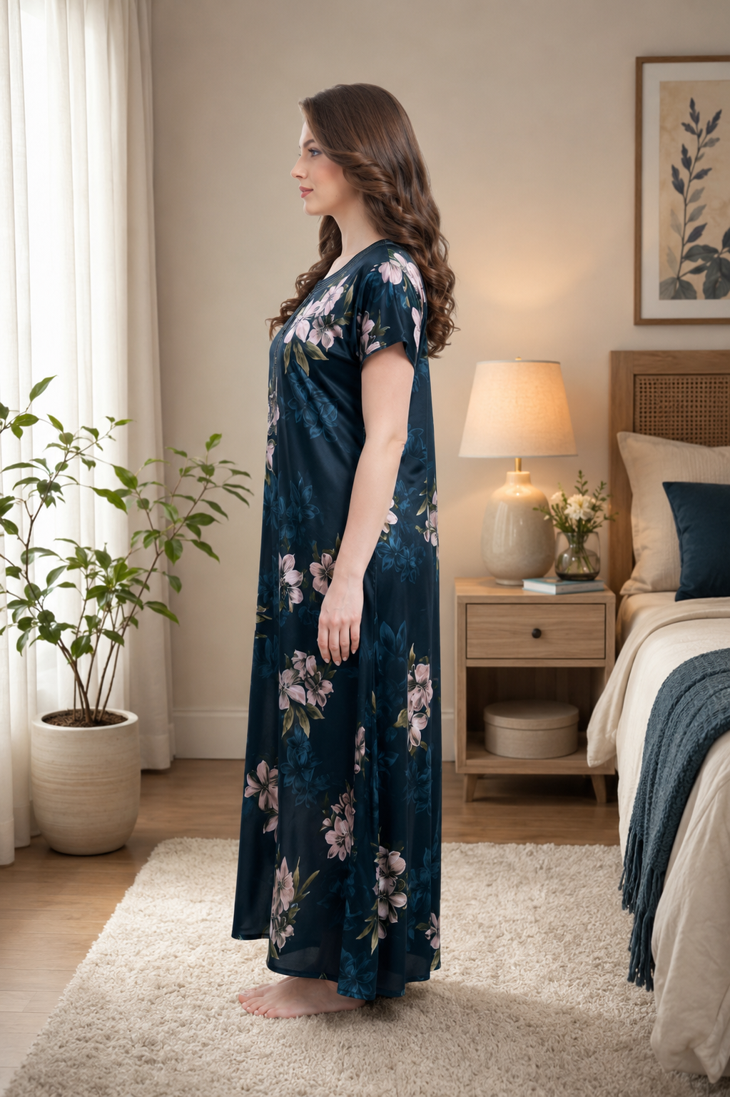 Navy Floral Satin Nightgown