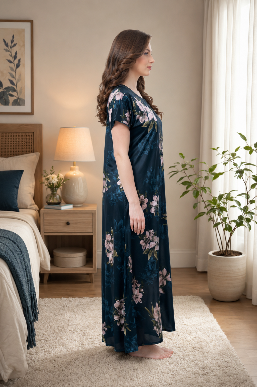 Navy Floral Satin Nightgown