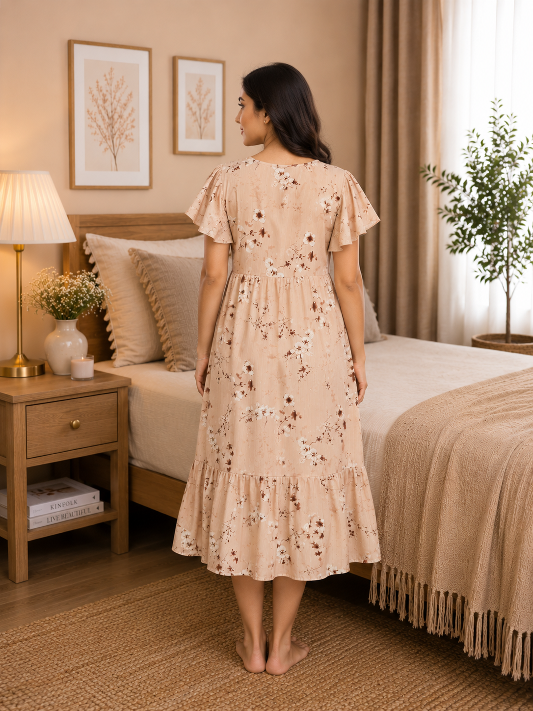 Beige Cotton Dobby Short Nighty