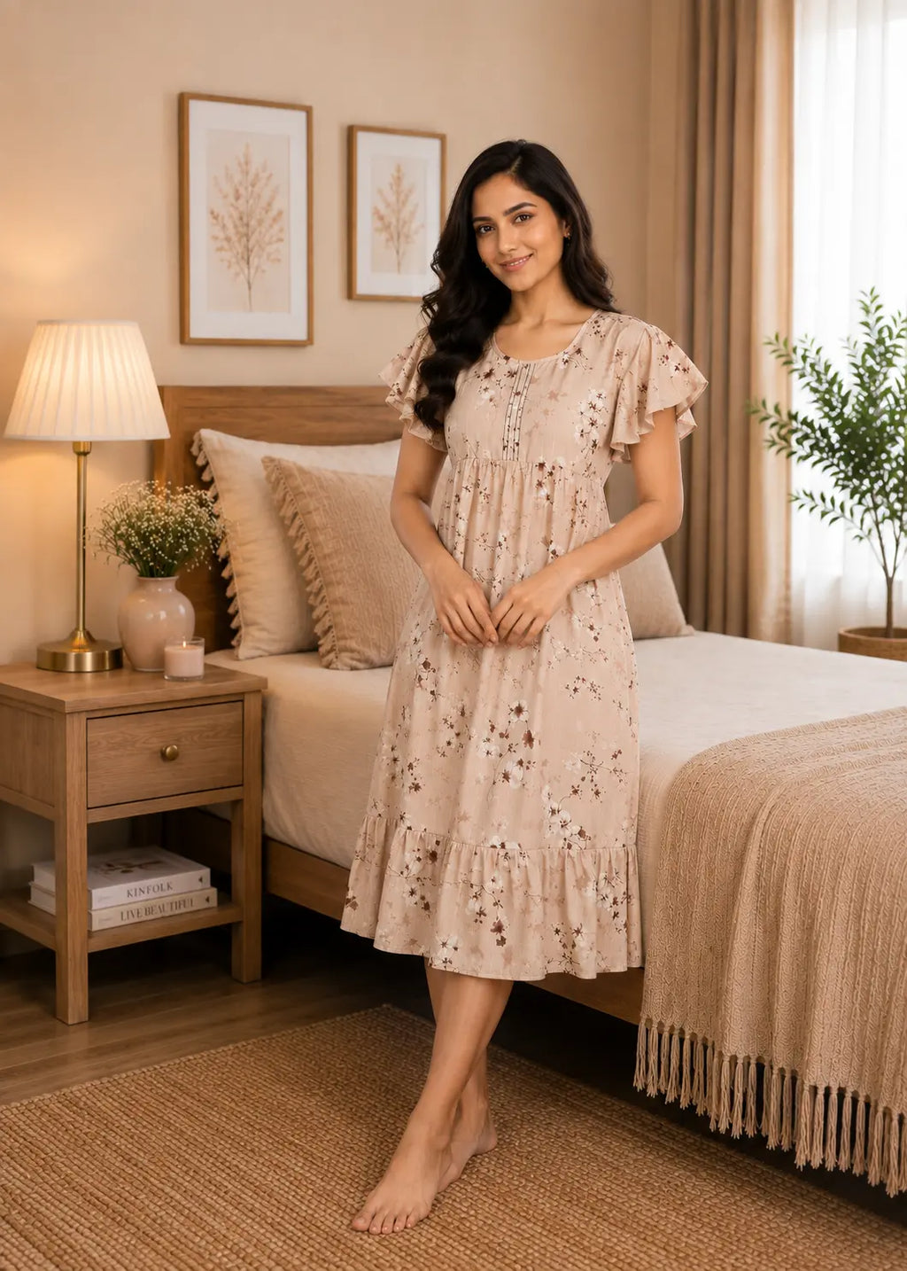 Beige Cotton Dobby Short Nighty