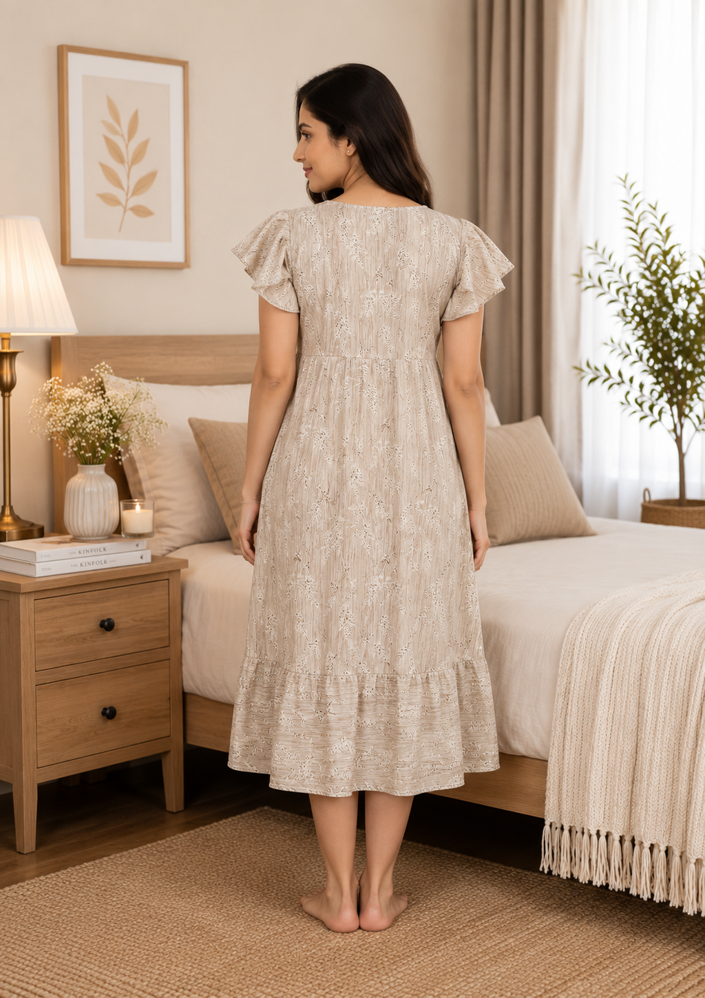 Beige Cotton Dobby Short Nighty