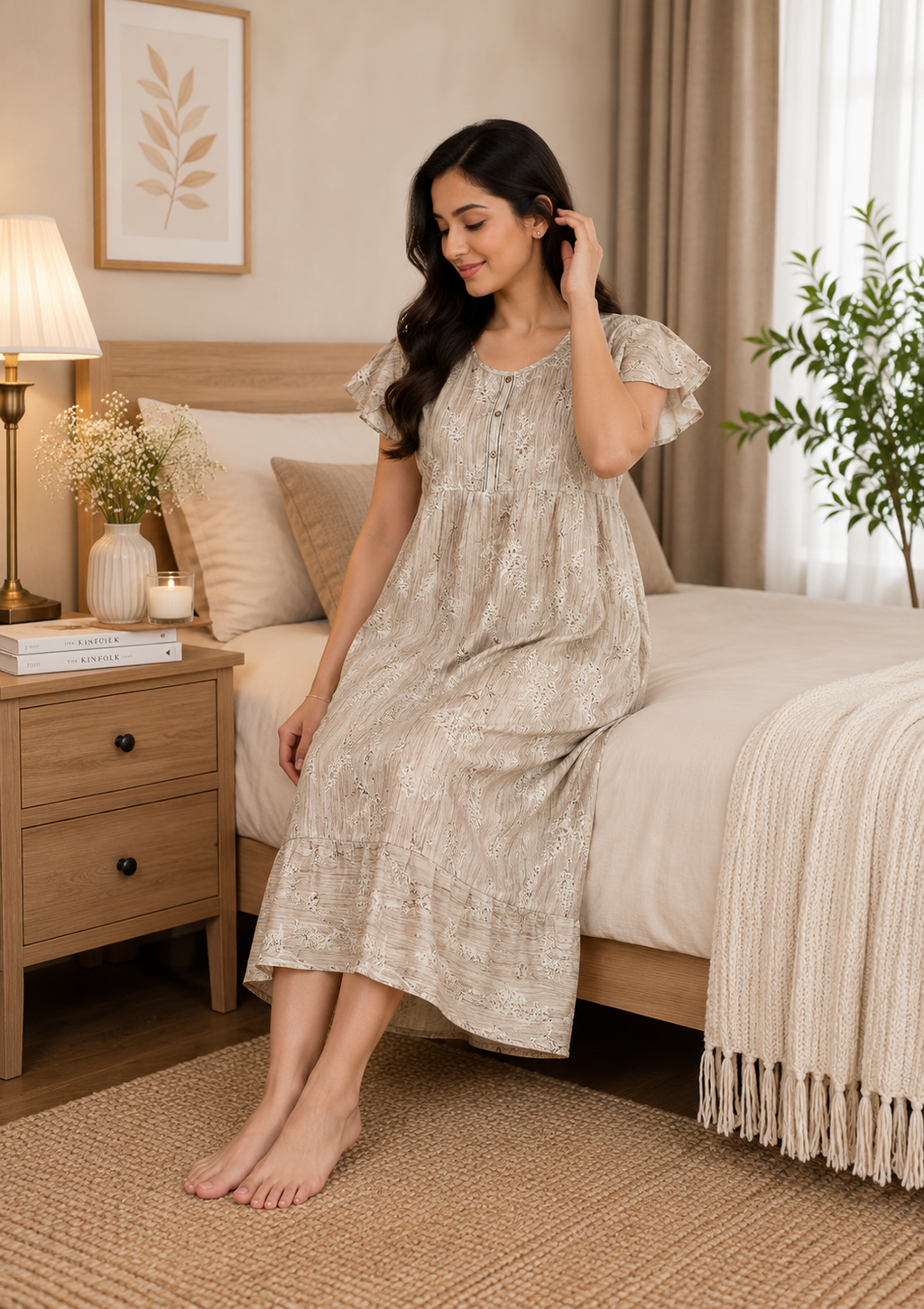 A woman wearing a light beige patterned nightgown sits on a bed in a cozy, warm-toned bedroom setting.