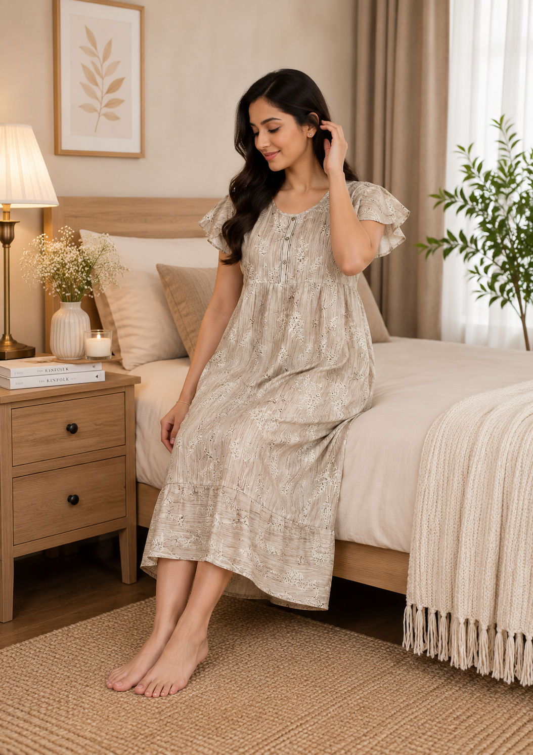A woman wearing a light beige patterned nightgown sits on a bed in a cozy, warm-toned bedroom setting.