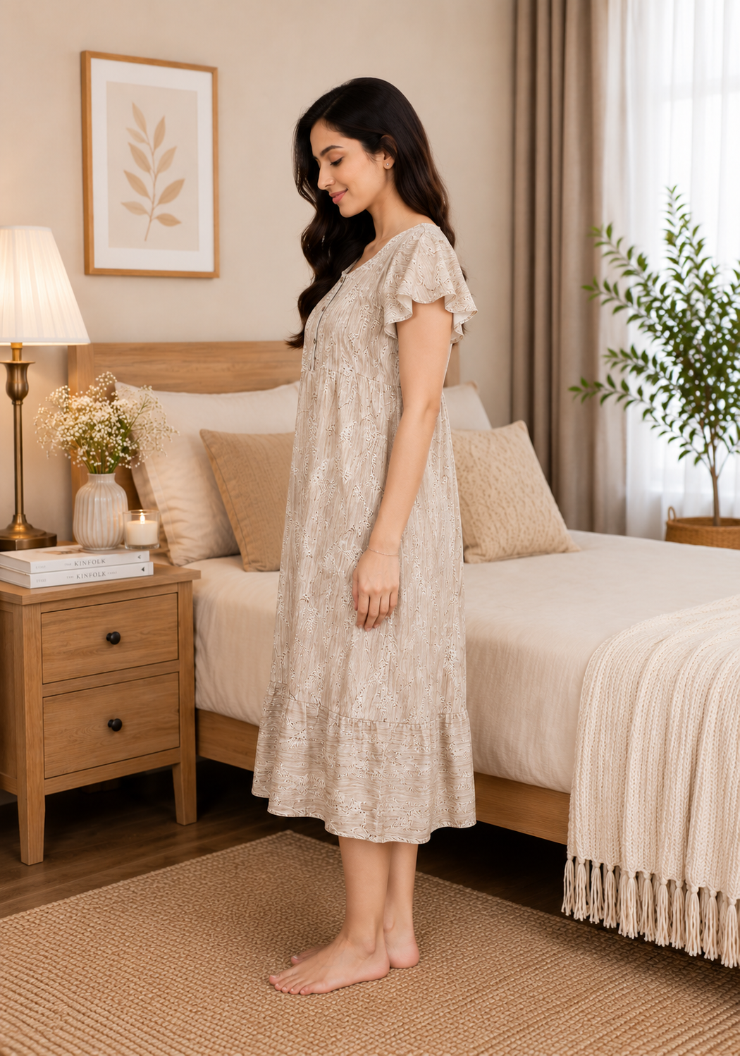 Beige Cotton Dobby Short Nighty