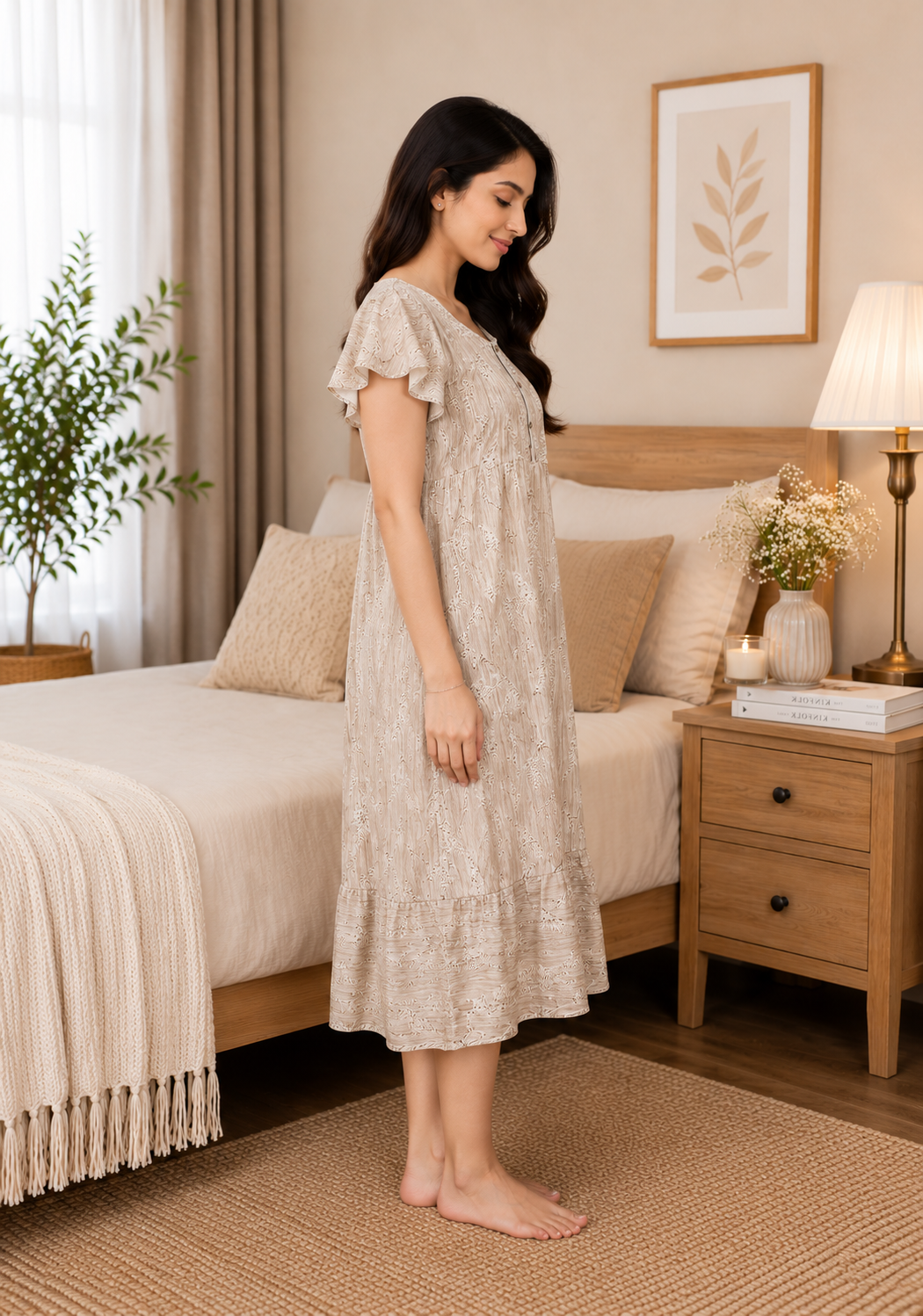 Beige Cotton Dobby Short Nighty