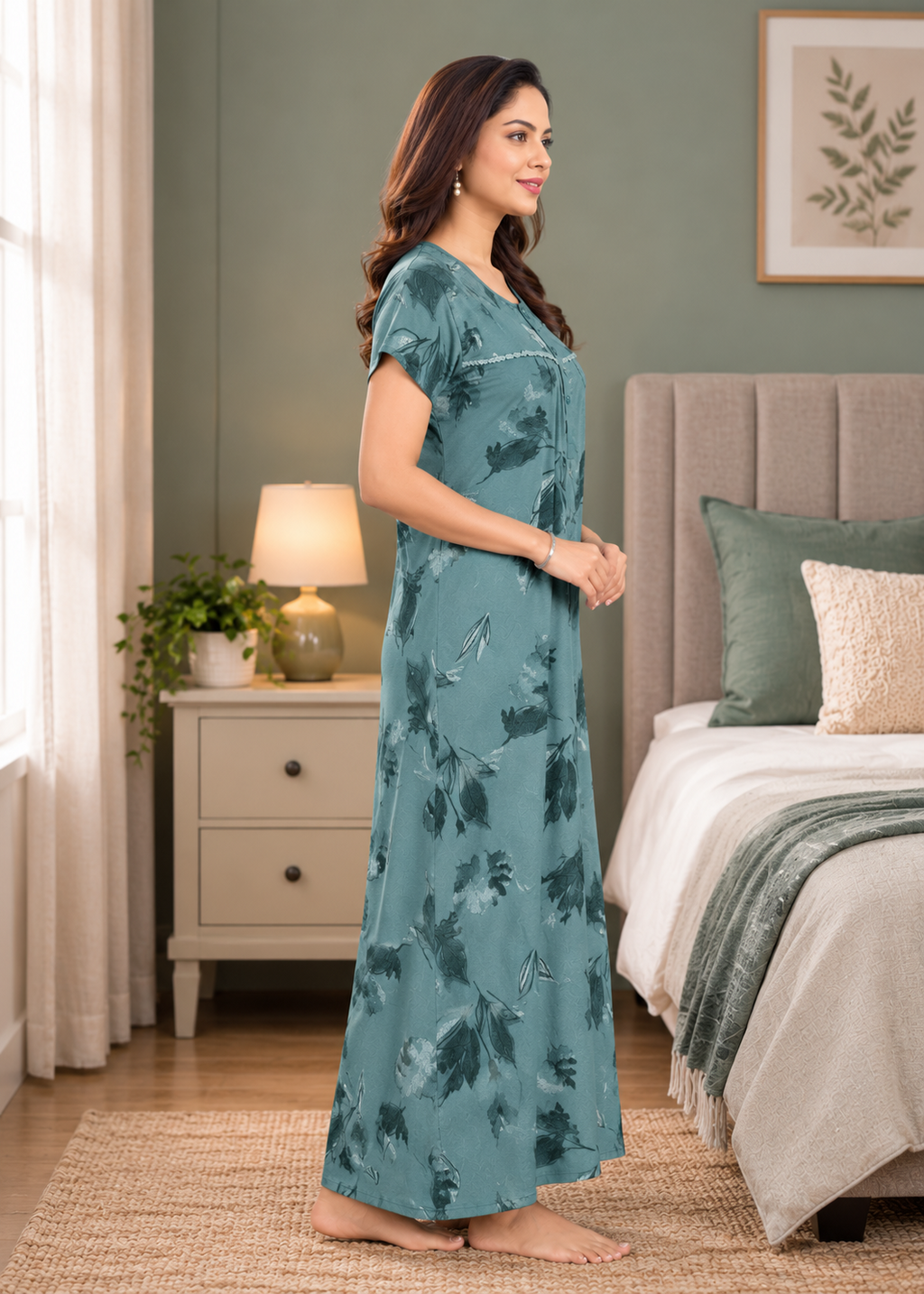 Dusty Blue Botanical Leaf Alpine Nightgown