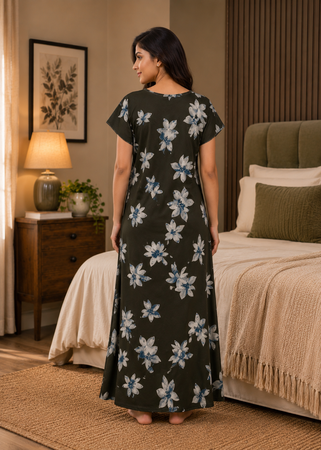 Dark Olive Large Floral Alpine Nightgown