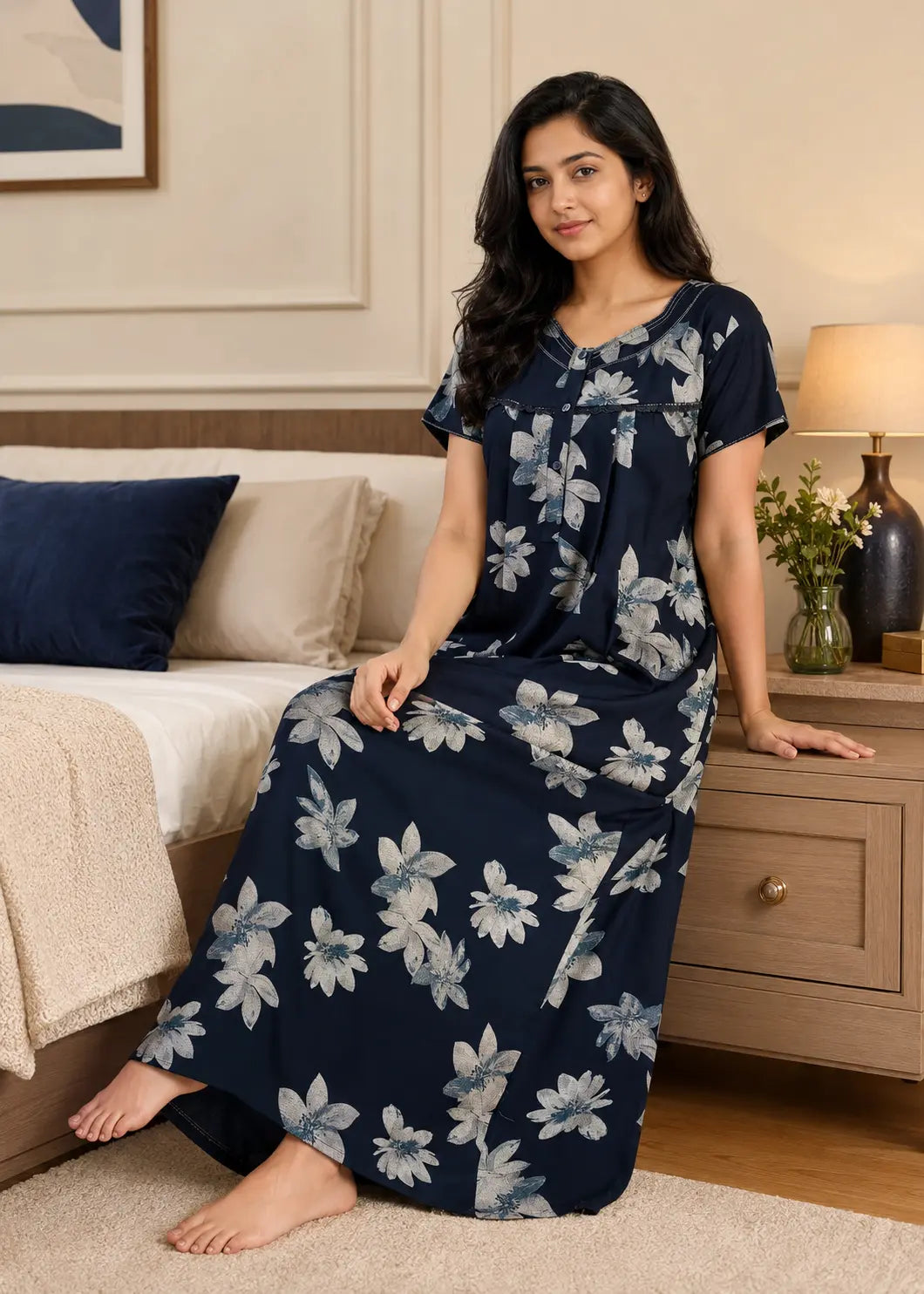 Navy Blue Large Floral Alpine Nightgown