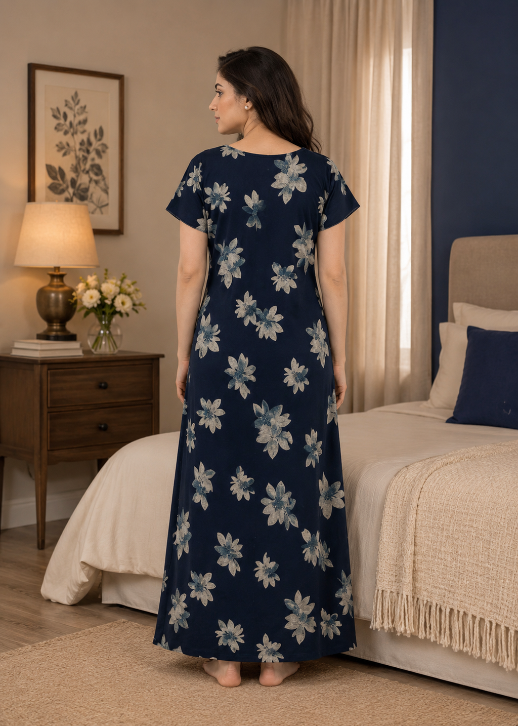 Navy Blue Large Floral Alpine Nightgown