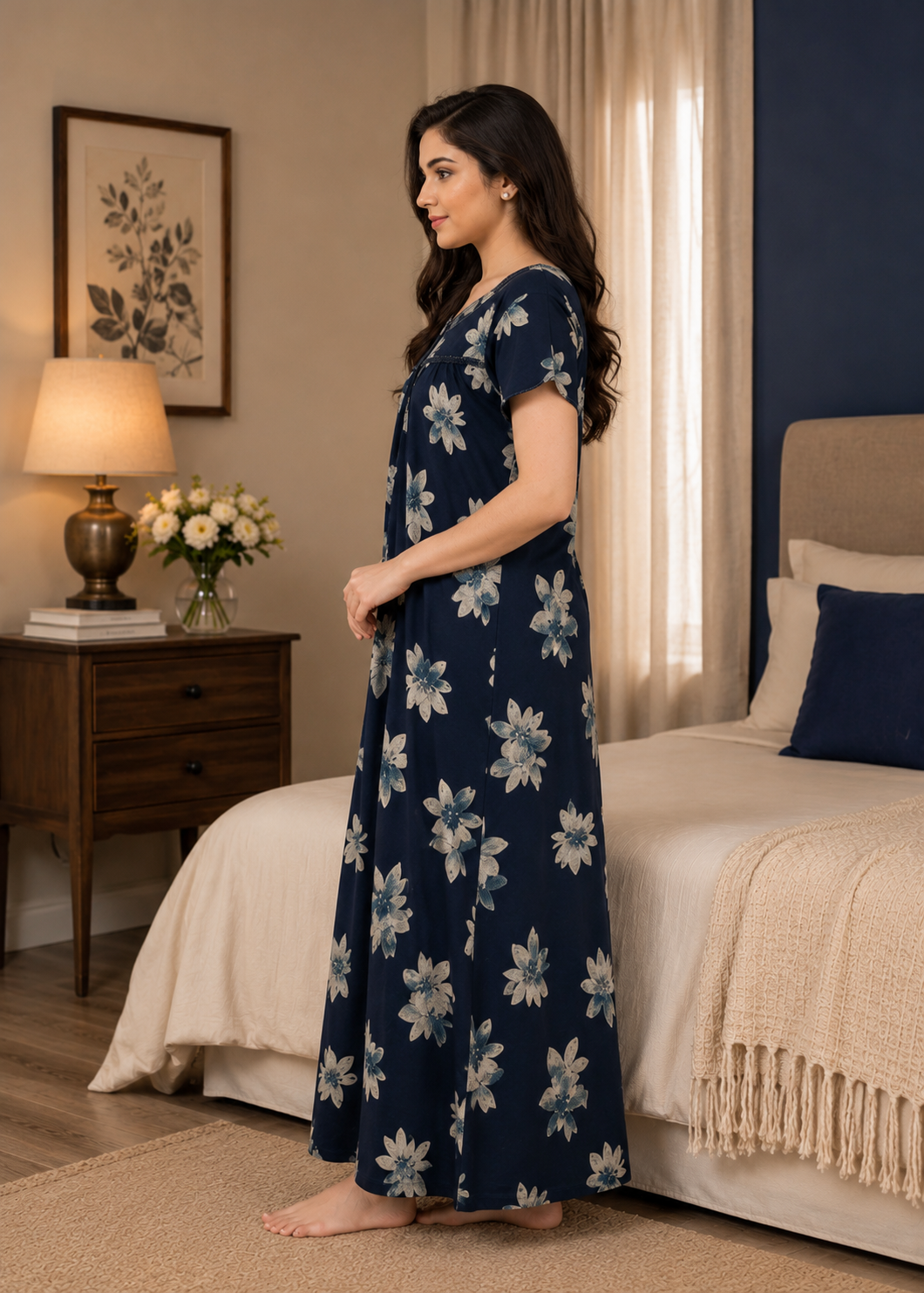 Navy Blue Large Floral Alpine Nightgown