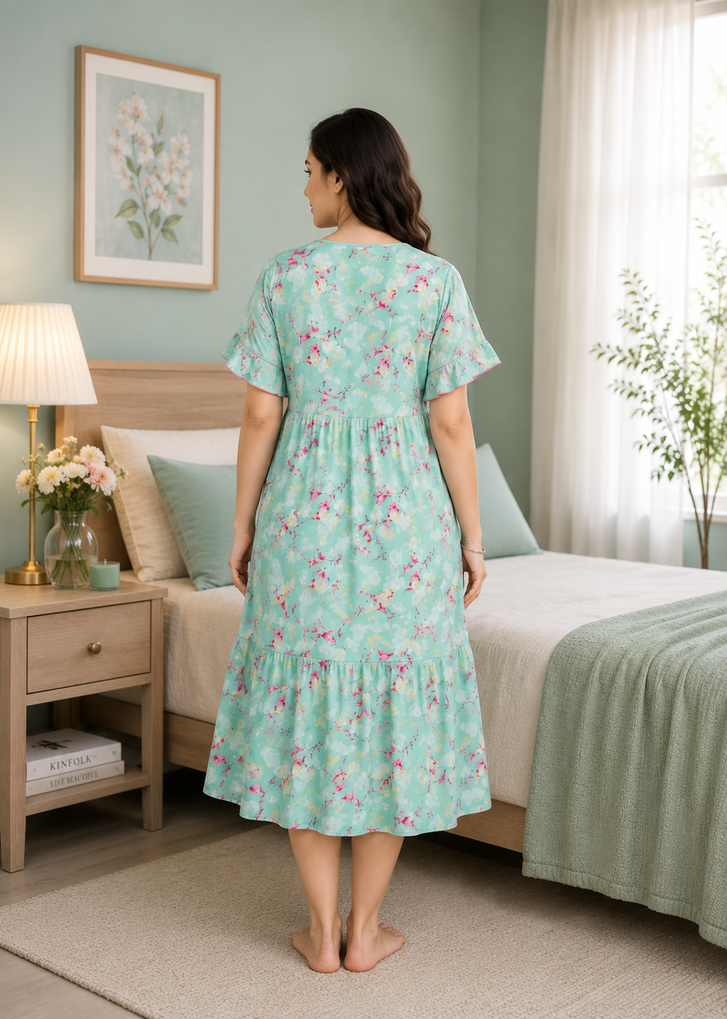 Sea Green Floral Short Nighty