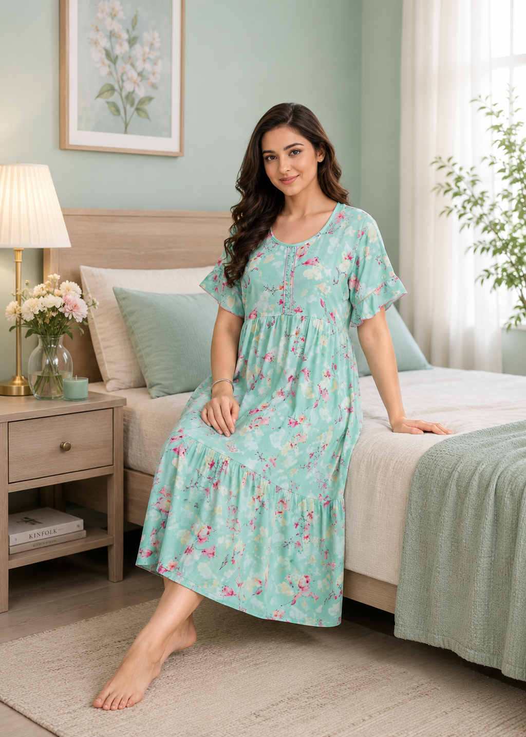 A woman wearing a light mint green tiered nightgown with a pink floral print, sitting on a bed in a beautifully decorated bedroom.