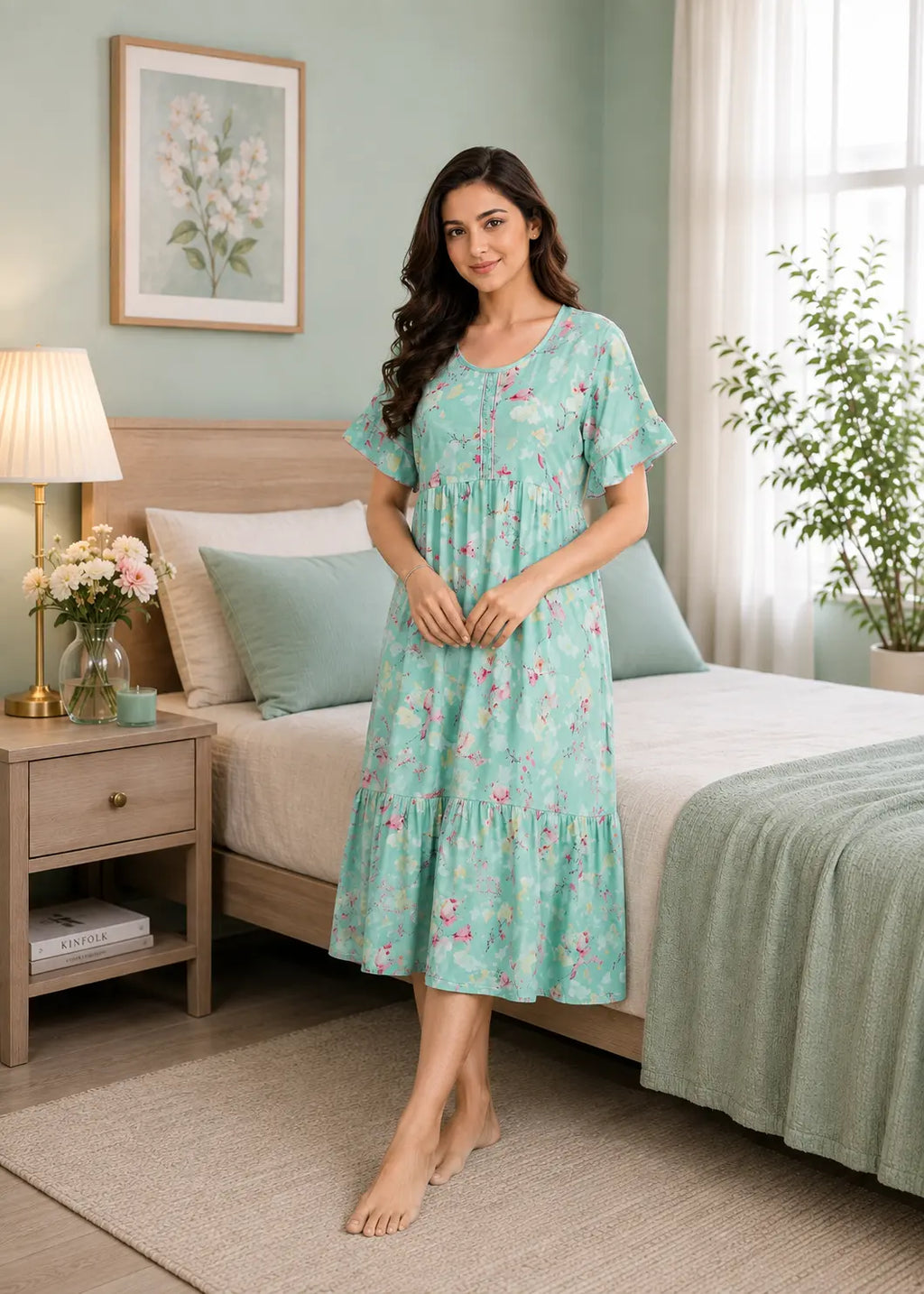 A woman stands barefoot in a bedroom wearing a light aqua midi nightgown with a pink and green floral print. The room features a wooden bed with sage green pillows and a matching sage green throw blanket, a bedside table with a lamp, and a potted plant.