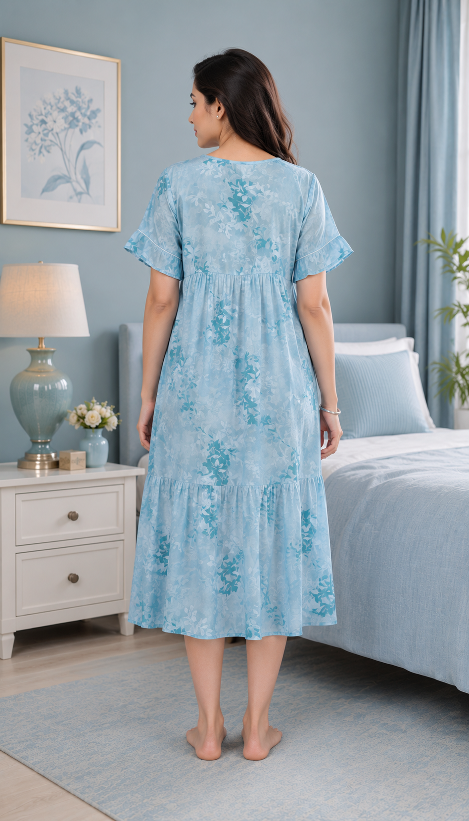 Light Blue Floral Short Nighty