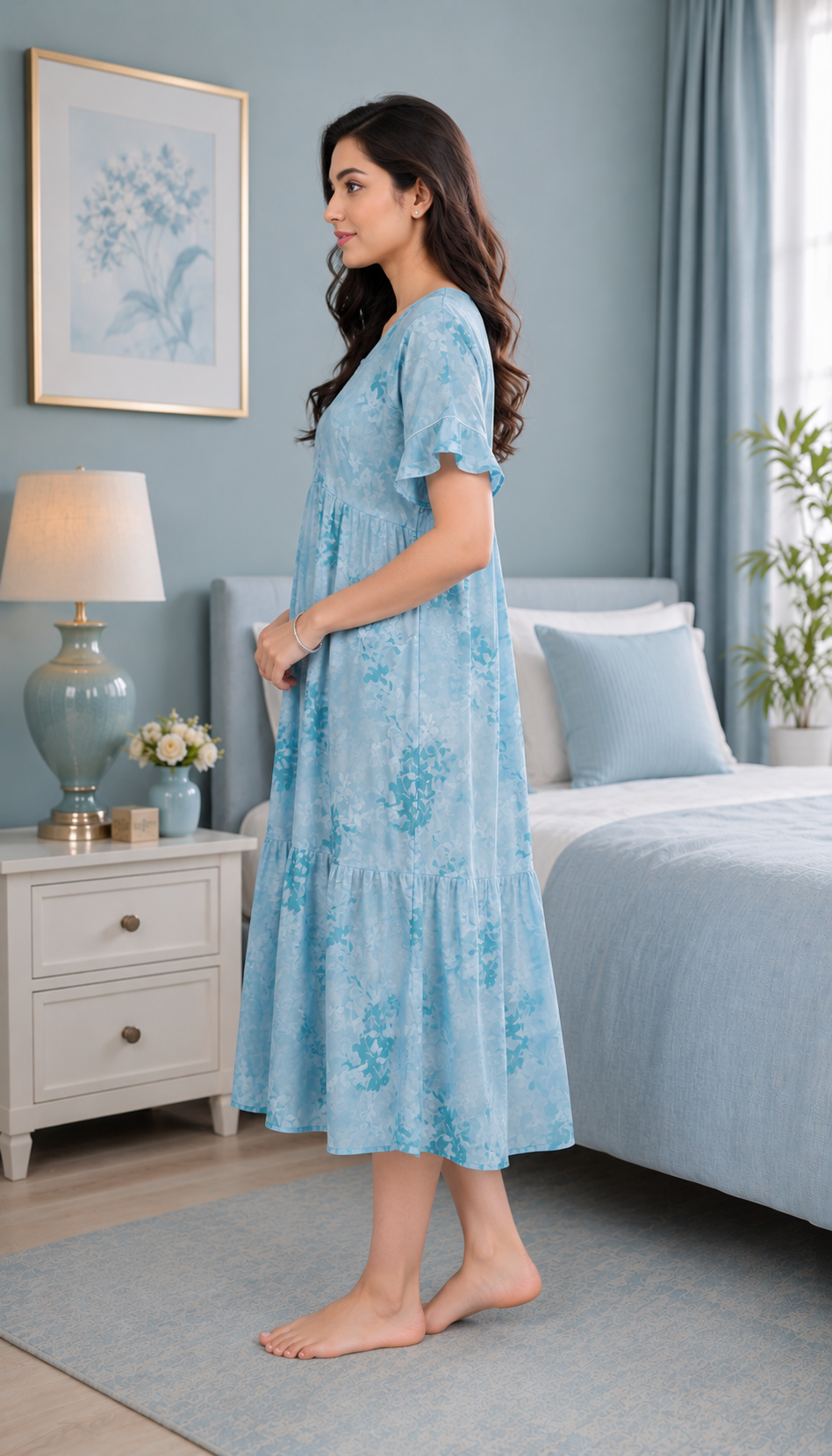 Light Blue Floral Short Nighty