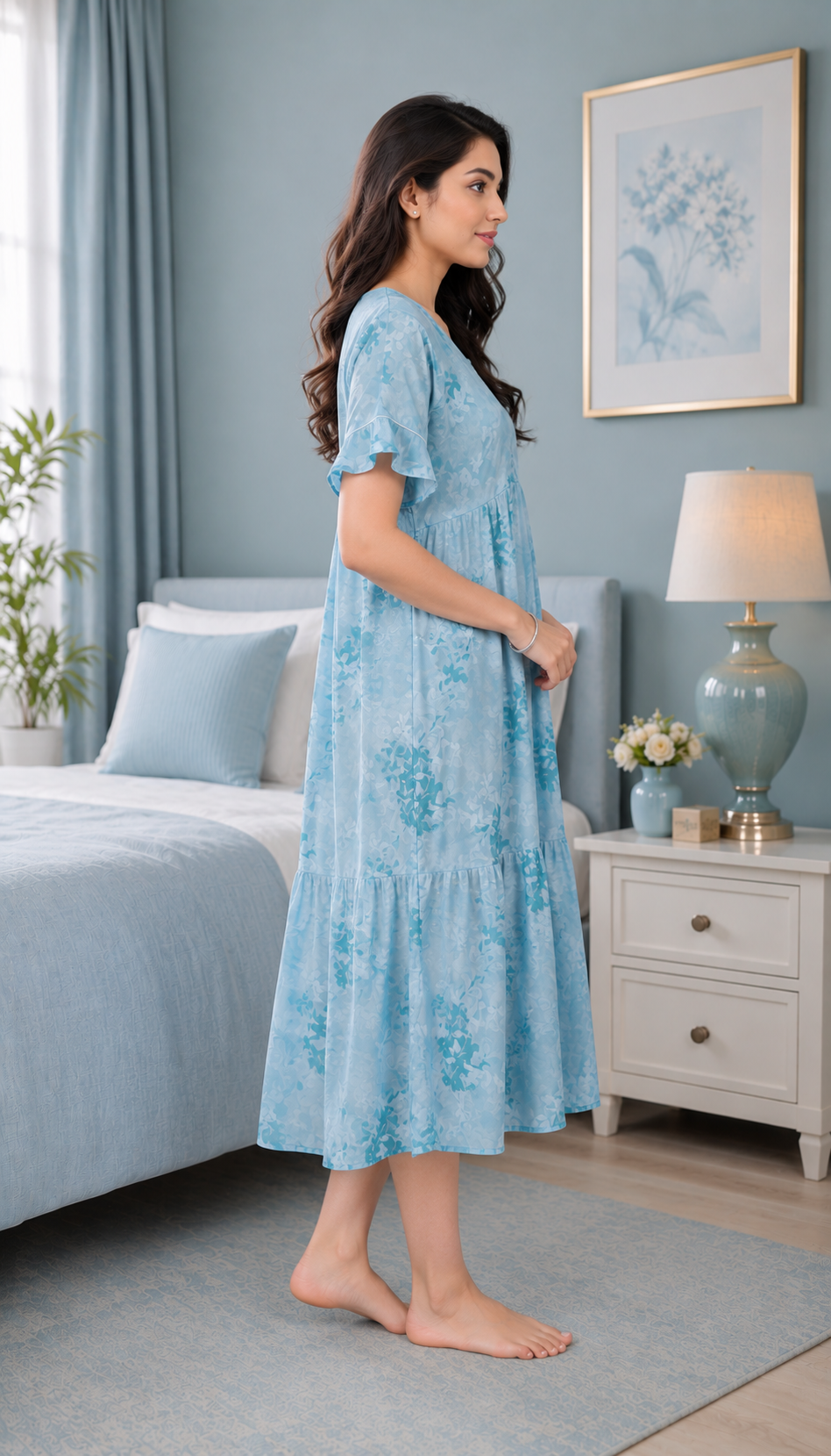 Light Blue Floral Short Nighty