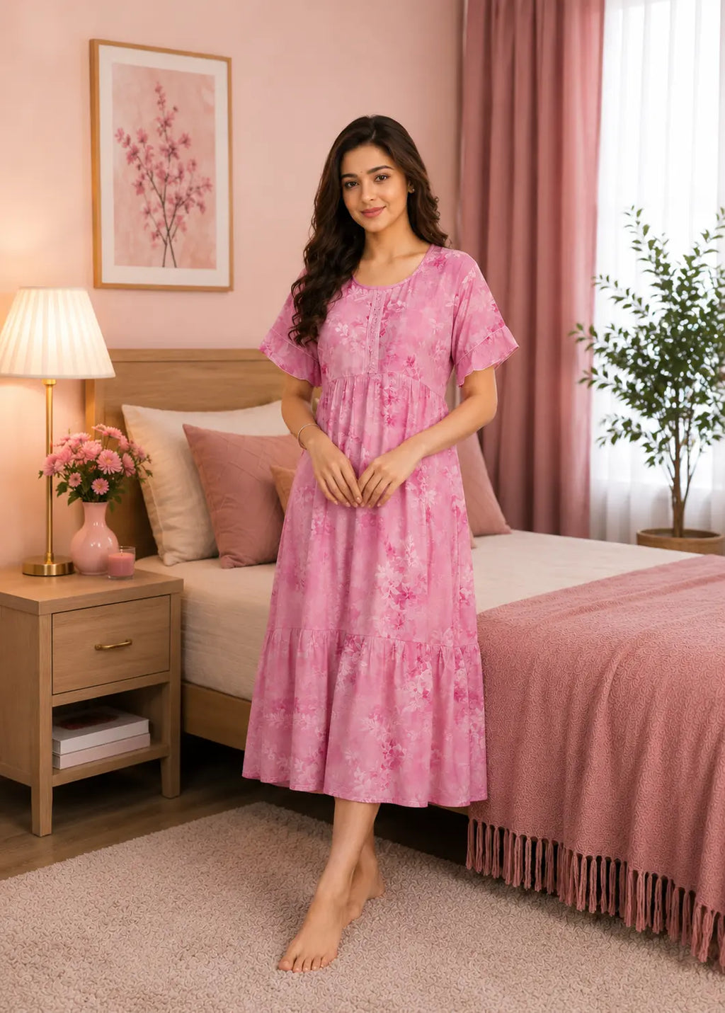 A woman wearing a pink tiered nightgown with a floral pattern stands in a bedroom setting next to a bed with pink bedding.