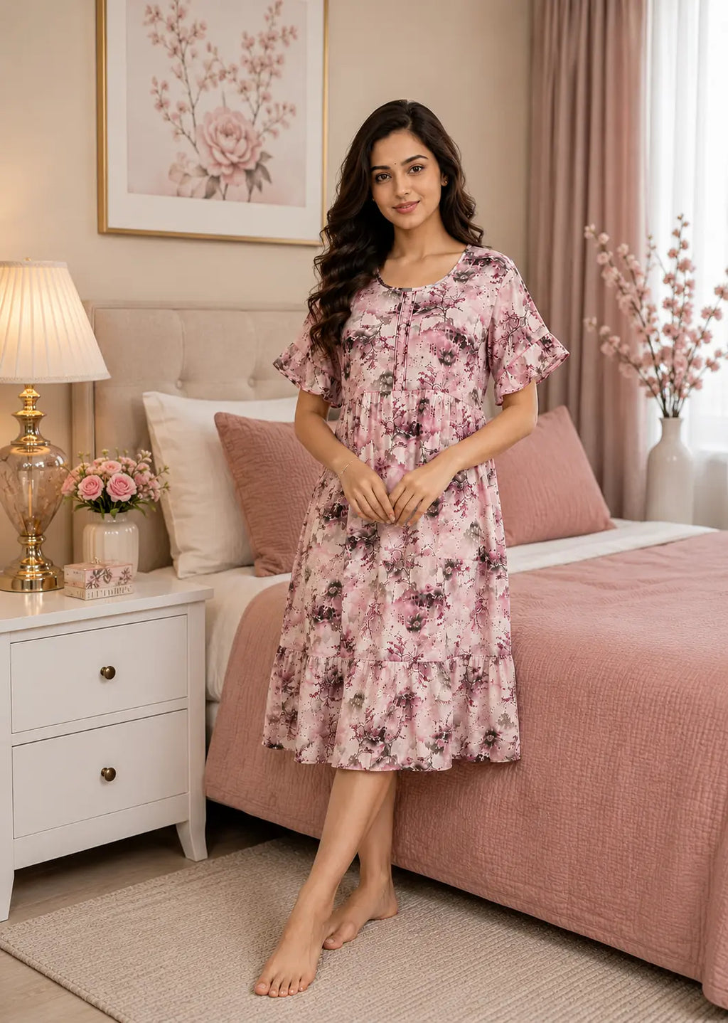 A woman wearing a pink floral tiered nightgown stands in a bedroom next to a bed with pink bedding.