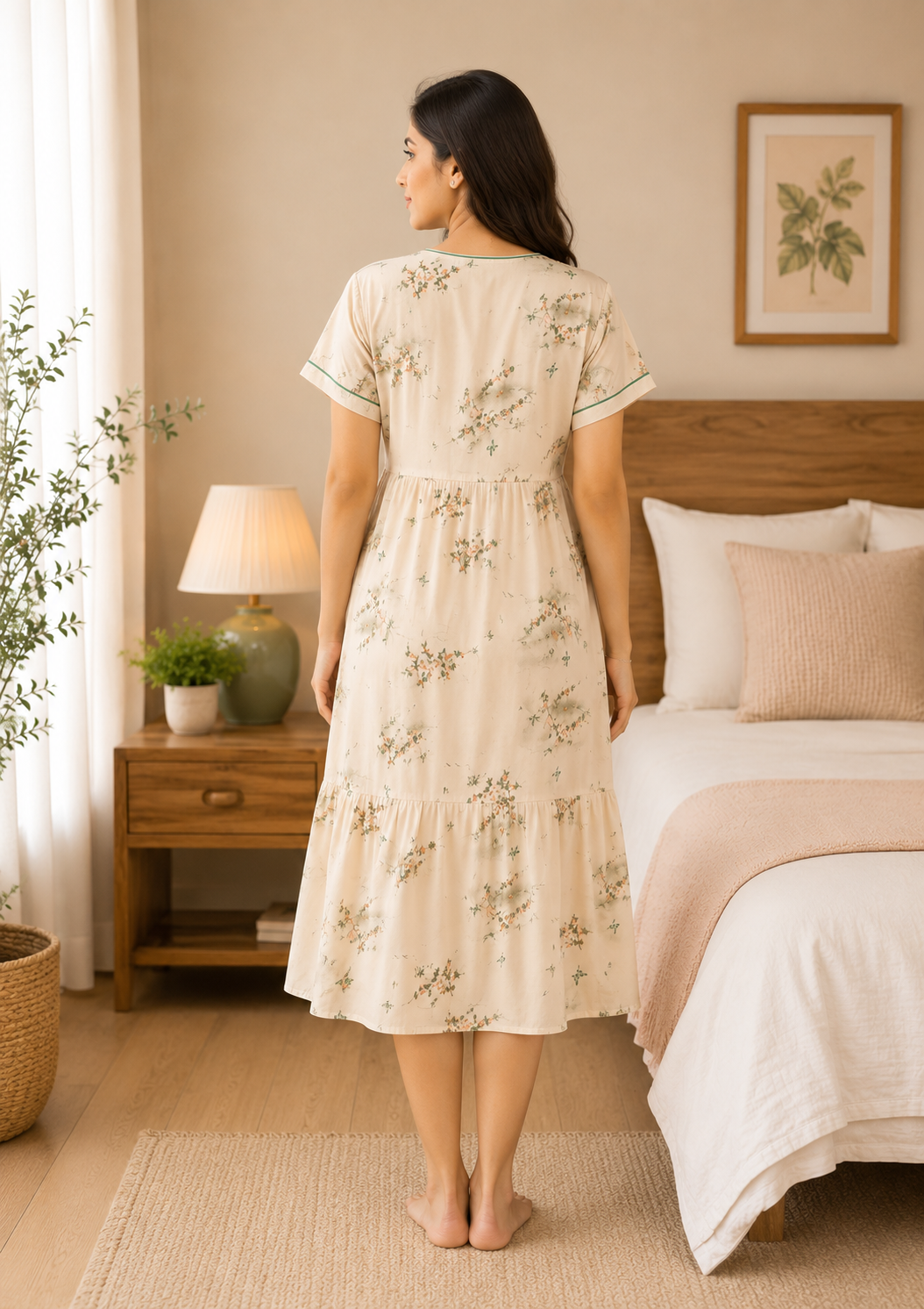 Cream Floral Short Nighty