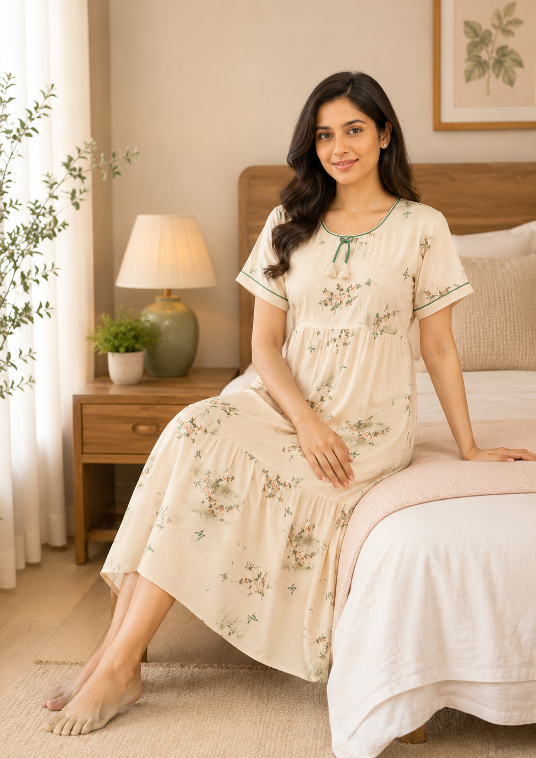 A woman wearing a cream-colored short-sleeve nightgown with a delicate green floral print and a small green tie at the neckline, sitting on a bed in a cozy bedroom setting.
