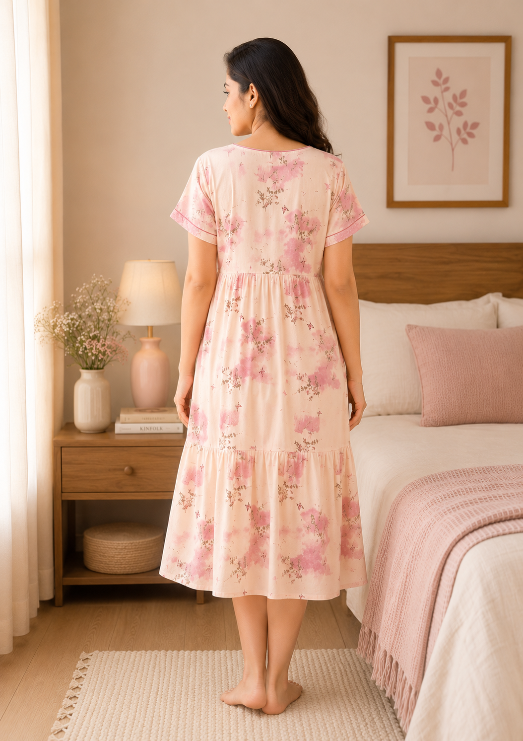 Peach and Brown Floral Short Nighty