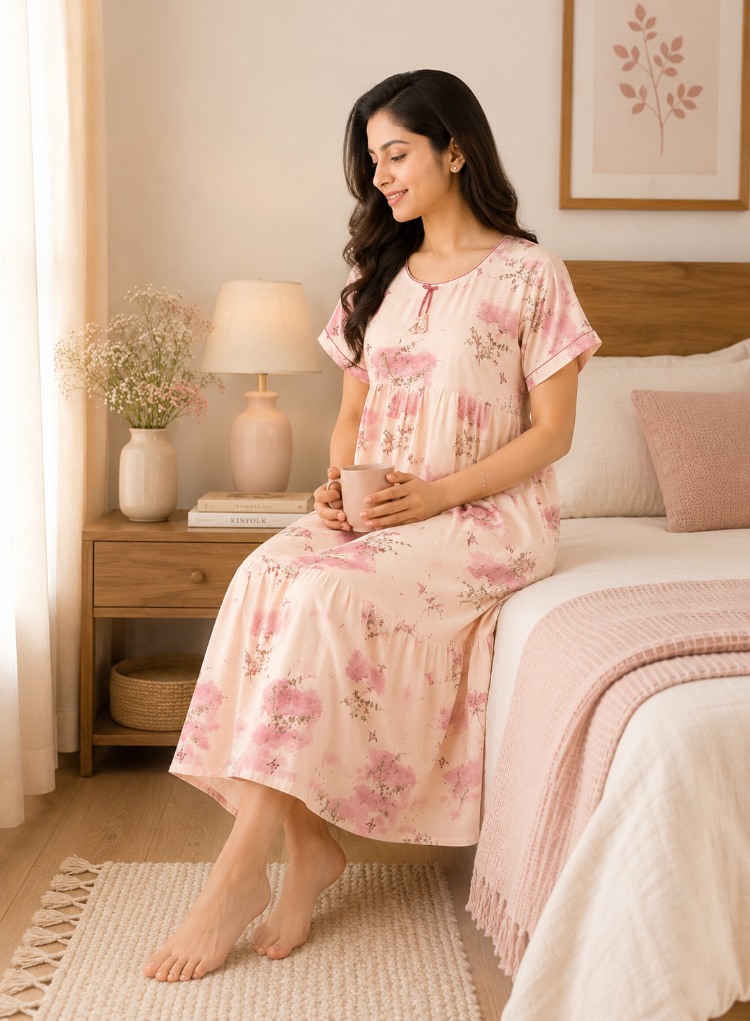 A woman sits on a bed in a softly lit bedroom, wearing a light pink floral nightgown or pajama dress. The room includes a wooden headboard, white bedding, a pink throw blanket, a bedside table with a lamp and vase, and framed wall art.