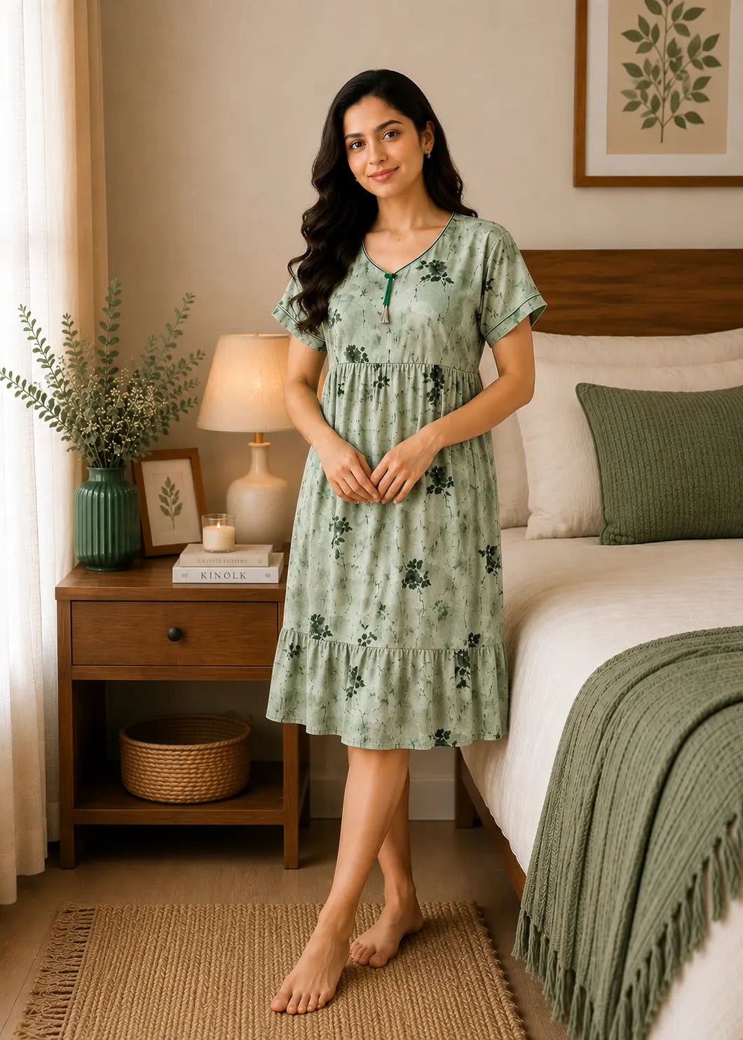 A woman stands barefoot in a bedroom wearing a light sage green tiered nightgown with a dark floral print. The room features a wooden nightstand with a lamp and plants, and a bed with white linens and a green throw blanket.