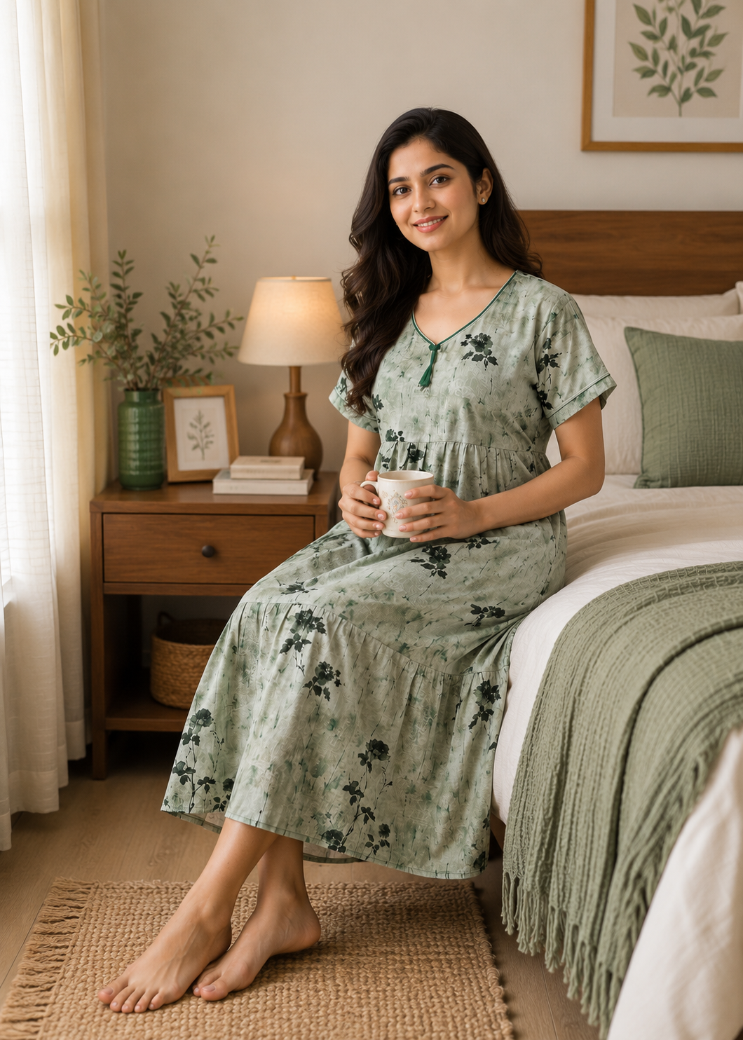 A woman sits on a bed in a cozy bedroom, wearing a light sage green midi dress with a dark floral print. She holds a white mug, with a wooden nightstand, lamp, and green throw blanket visible in the background.