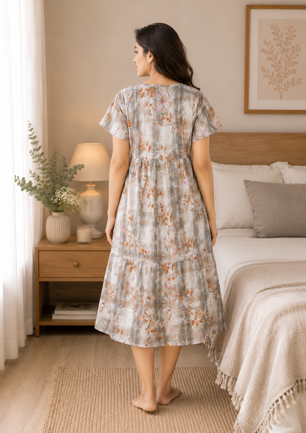 Grey and Orange Floral Short Nighty