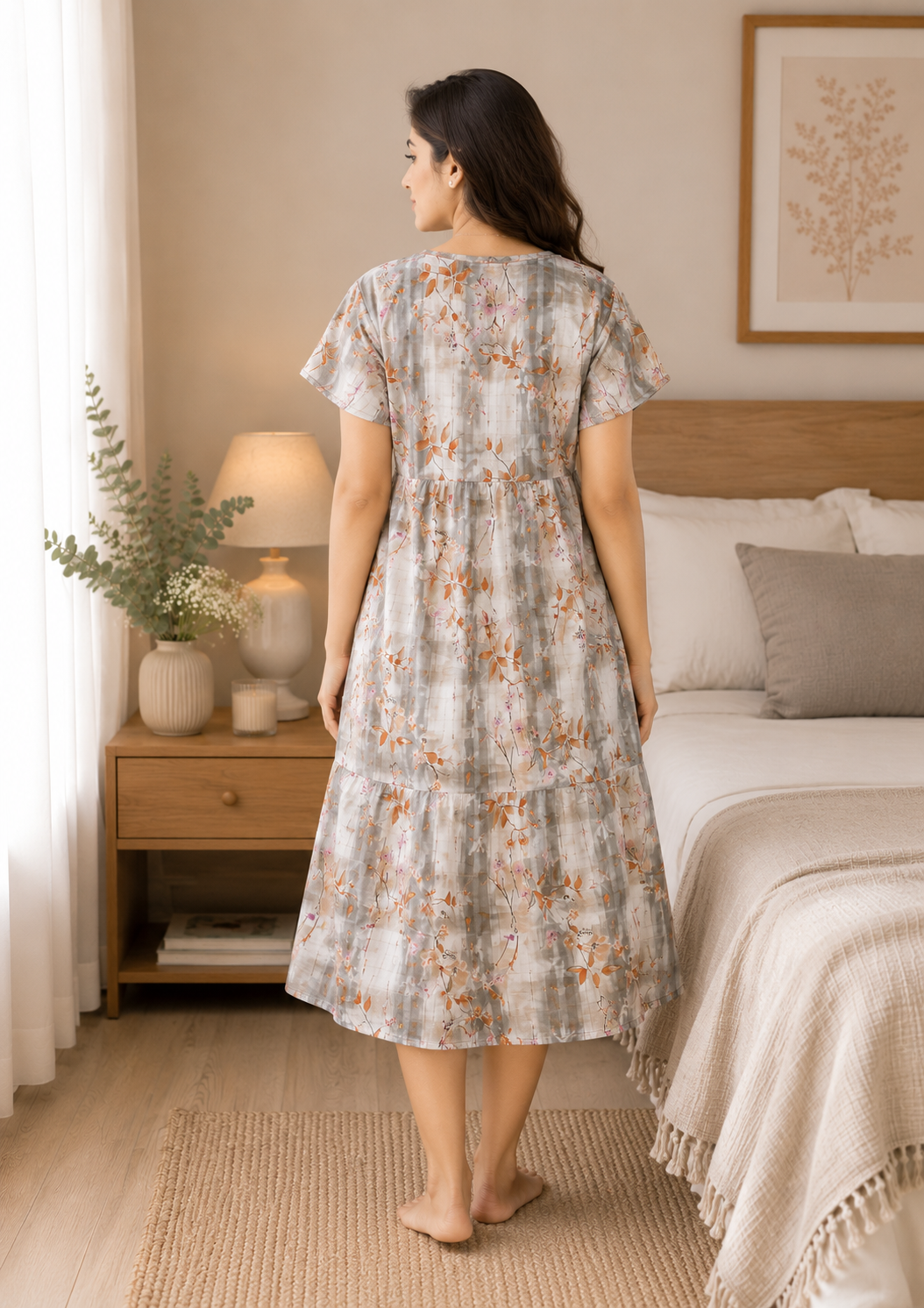 Grey and Orange Floral Short Nighty