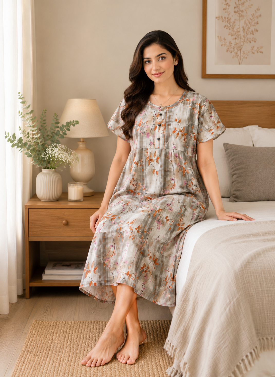 A woman wearing a short-sleeve button-front nightgown with a muted floral print, sitting on the edge of a bed in a softly lit bedroom.
