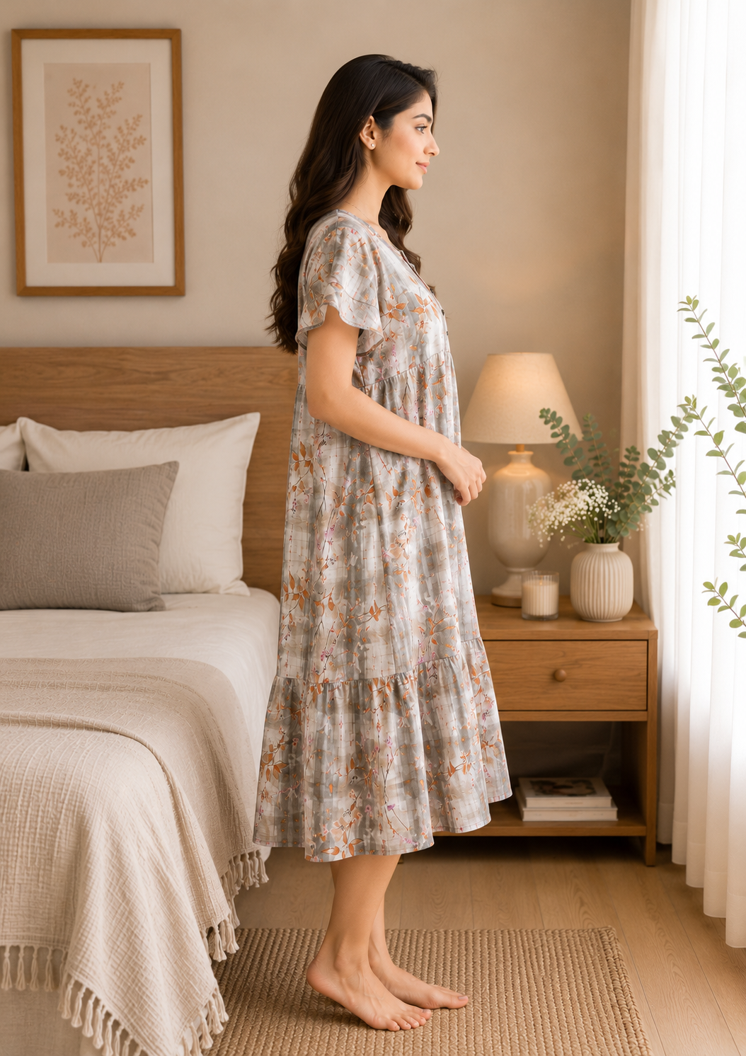 Grey and Orange Floral Short Nighty