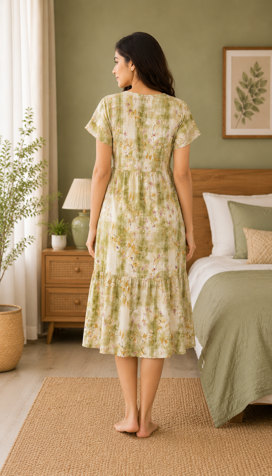 Olive Green Floral Short Nighty