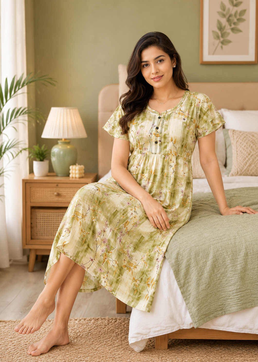 A woman wearing a light green floral nightgown sits on a bed in a cozy bedroom setting with sage green bedding, a wooden bedside table, and a lamp.