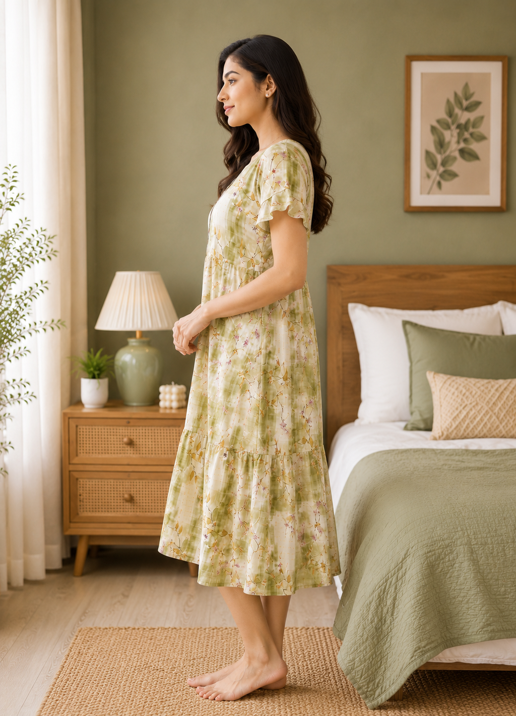 Olive Green Floral Short Nighty